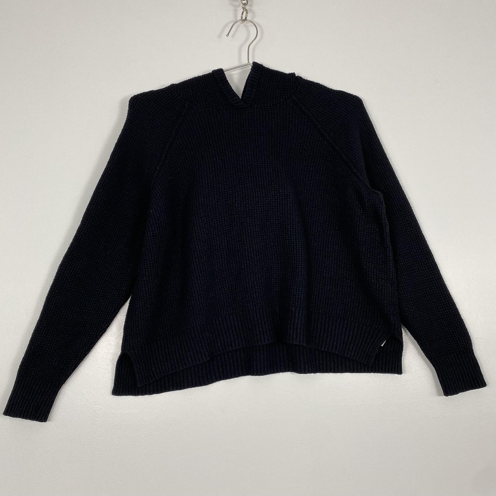 James Perse Sweater Womens 3 (L) Black Waffle Knit Hooded V Neck Raglan Pullover